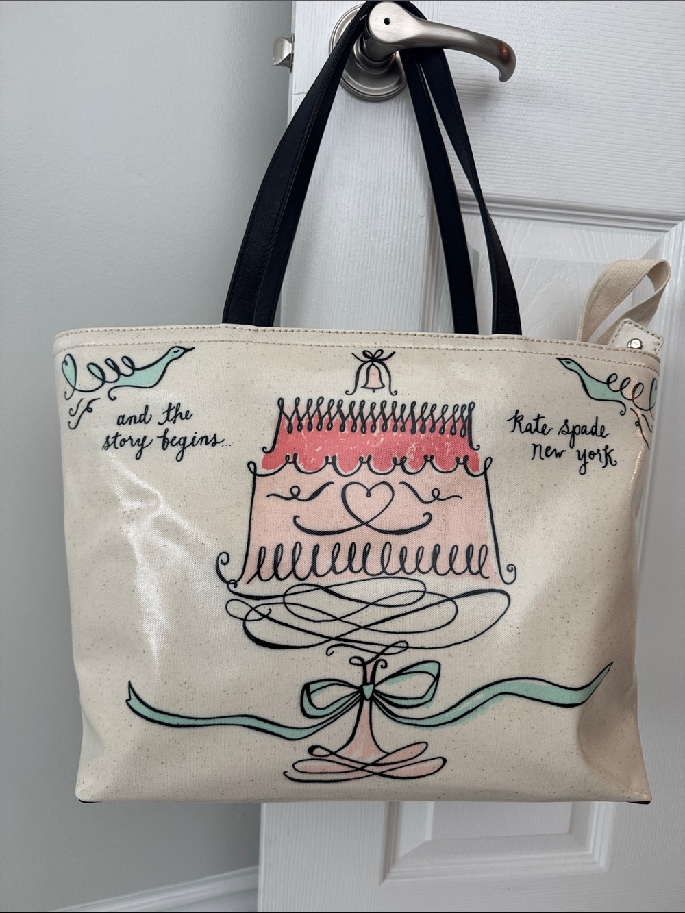 kate spade cream tote with pink cake and mint accents